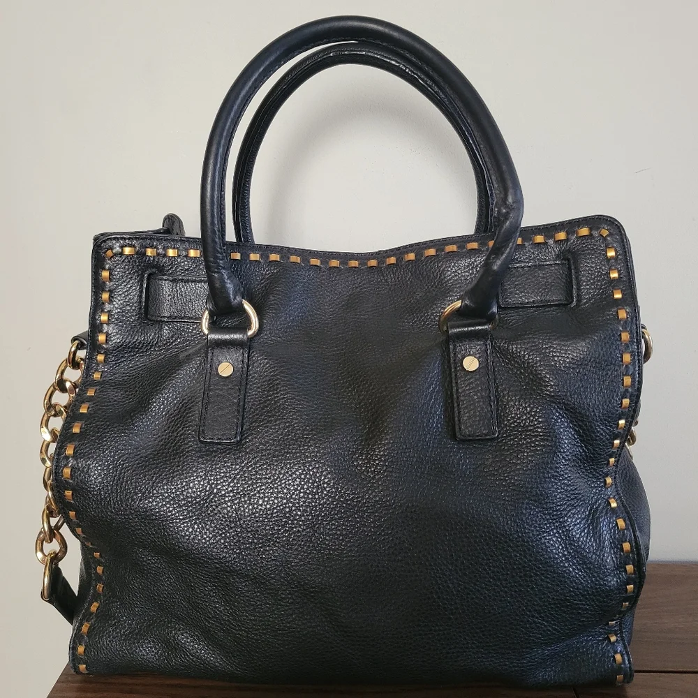 Michael Kors Hamilton Black Leather Satchel Shoulder Bag - Picture 3 of 16